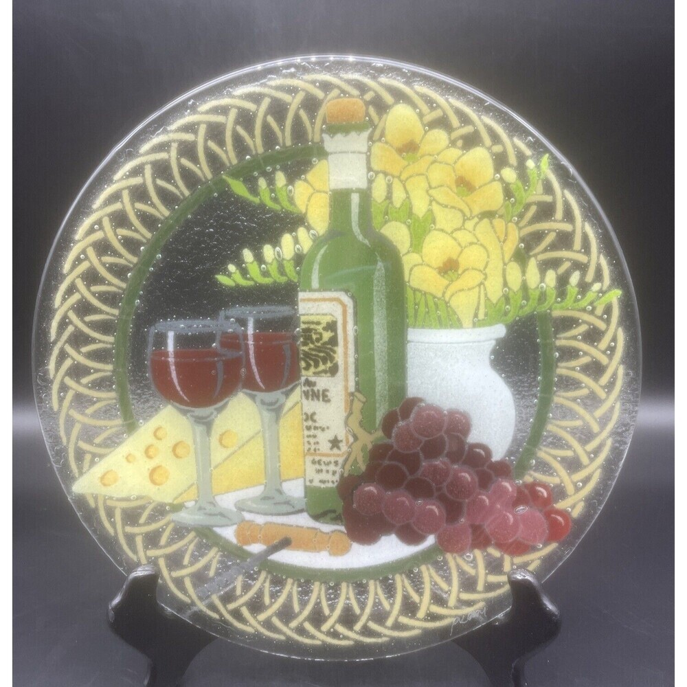 Peggy Karr Glass Fused‎ Glass Round Platter Wine Cheese Grapes Flowers 11”